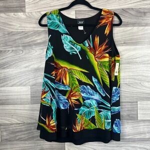 Jostar Mesh Layer Tank Top Women's S Black Tropical Leaf Print V-Neck Sleeveless